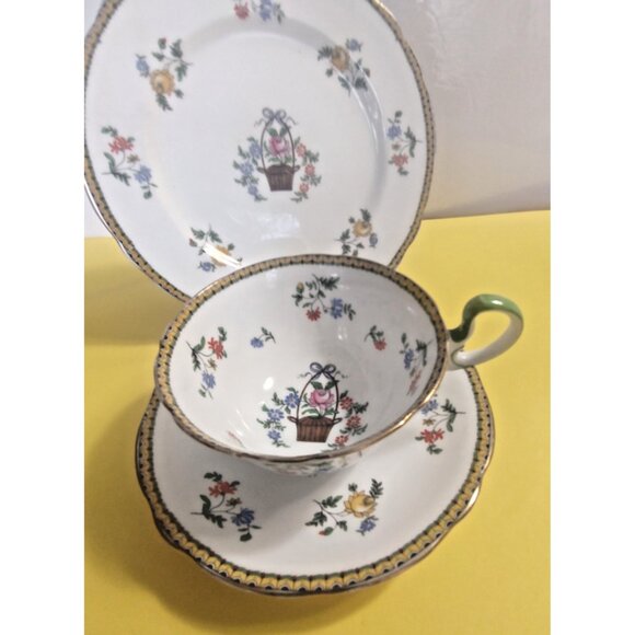 Vintage Aynsley Trio Set Cup, Saucer and Breakfast Plate Flower Basket 1920's - Picture 7 of 16